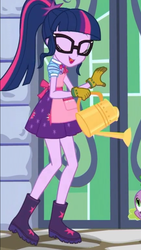 Size: 1242x2208 | Tagged: safe, screencap, sci-twi, spike, spike the regular dog, twilight sparkle, dog, equestria girls, equestria girls series, g4, my little shop of horrors, apron, boots, celestia's house, clothes, cute, eyes closed, female, glasses, gloves, open mouth, ponytail, shoes, solo focus, twiabetes, watering can
