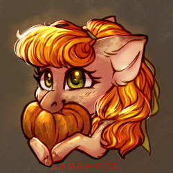 Size: 1500x1500 | Tagged: safe, artist:segraece, oc, oc only, pony, abstract background, bust, chibi, commission, female, mare, portrait, pumpkin, solo, unshorn fetlocks