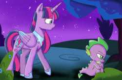 Size: 1914x1258 | Tagged: safe, artist:emositecc, artist:riukime, spike, twilight sparkle, alicorn, pony, g4, alternate cutie mark, alternate eye color, alternate universe, female, night, tree, twilight sparkle (alicorn)