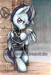 Size: 600x877 | Tagged: safe, artist:pingwinowa, rumble, pony, g4, clothes, colt, jacket, james dean, leaning back, male, rebel without a cause, solo, traditional art, watermark