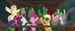 Size: 1920x804 | Tagged: safe, screencap, applejack, boyle, fluttershy, lix spittle, mullet (g4), pinkie pie, rarity, spike, squabble, dragon, earth pony, parrot, parrot pirates, pegasus, pony, unicorn, anthro, g4, my little pony: the movie, anthro with ponies, bandana, cute, derp, eyepatch, eyes closed, hat, pirate, pirate hat, prosthetic beak, sword, time to be awesome, weapon