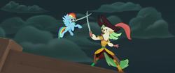 Size: 1920x804 | Tagged: safe, screencap, captain celaeno, rainbow dash, parrot, parrot pirates, pegasus, pony, anthro, g4, my little pony: the movie, amputee, anthro with ponies, feather, gem, hat, mouth hold, peg leg, pirate, pirate hat, pirate rainbow dash, prosthetic leg, prosthetic limb, prosthetics, saber, sword, sword fight, time to be awesome, tomboy, weapon