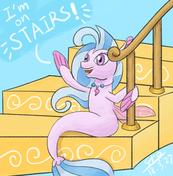 Size: 955x974 | Tagged: safe, artist:sunnytp, silverstream, seapony (g4), g4, school daze, blue background, female, seapony silverstream, simple background, solo, stairs, that hippogriff sure does love stairs