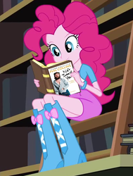 Size: 400x530 | Tagged: safe, edit, edited screencap, editor:grapefruitface, screencap, pinkie pie, equestria girls, g4, book, boots, clothes, female, phil collins, reading, shoes, skirt, solo
