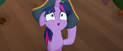 Size: 1920x804 | Tagged: safe, screencap, twilight sparkle, alicorn, pony, g4, my little pony: the movie, female, hat, mare, nervous, pirate hat, scared, shocked, solo, time to be awesome, twilight sparkle (alicorn)