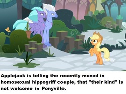 Size: 798x594 | Tagged: safe, edit, edited screencap, screencap, applejack, seaspray, sky beak, classical hippogriff, earth pony, hippogriff, pony, g4, school daze, bigotjack, cowboy hat, female, hat, homophobia, implied gay, low quality bait, male, mare, mouthpiece, op is a duck, out of character, ponestrip, speciesism, unshorn fetlocks