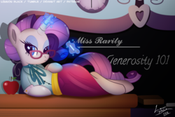 Size: 1500x1000 | Tagged: safe, artist:lennonblack, rarity, pony, unicorn, g4, my little pony: friendship is magic, school daze, apple, chalk, chalkboard, clothes, draw me like one of your french girls, female, food, glasses, glowing horn, horn, hot for teacher, looking at you, magic, mare, schoolmarm rarity, solo, telekinesis