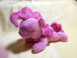 Size: 1024x768 | Tagged: safe, artist:king-franchesco, pinkie pie, earth pony, pony, g4, cute, eyes closed, irl, photo, plushie, prone, solo, sploot, watermark