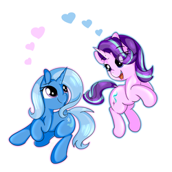 Size: 3000x3000 | Tagged: safe, artist:saralien, starlight glimmer, trixie, pony, unicorn, g4, cute, female, heart, high res, lesbian, looking at each other, mare, ship:startrix, shipping, simple background, smiling, white background