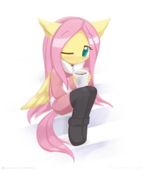 Size: 1200x1440 | Tagged: safe, artist:howxu, fluttershy, pegasus, anthro, g4, chocolate, clothes, coat, cute, daaaaaaaaaaaw, female, food, hnnng, hot chocolate, howxu is trying to murder us, looking at you, mare, one eye closed, pants, shyabetes, simple background, sitting, solo, white background