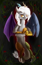 Size: 900x1400 | Tagged: safe, artist:minosua, discord, draconequus, g4, dark background, eris, flower, plant, rose, rule 63, solo