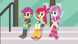 Size: 1920x1080 | Tagged: safe, screencap, apple bloom, scootaloo, sweetie belle, equestria girls, g4, my little pony equestria girls: friendship games, boots, canterlot high, clothes, cutie mark crusaders, female, hoodie, shoes, shorts, sitting, skirt, stairs, trio, waving