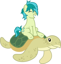 Size: 1000x1046 | Tagged: safe, artist:cloudy glow, sandbar, earth pony, pony, reptile, turtle, g4, school daze, colt, cute, duo, eyes closed, foal, male, ponies riding turtles, riding, sandabetes, sea turtle, simple background, smiling, stallion, transparent background, vector, younger