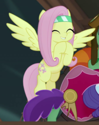 Size: 449x567 | Tagged: safe, screencap, fluttershy, pegasus, pony, g4, my little pony: the movie, cropped, cute, eyes closed, female, flying, mare, shyabetes, smiling, spread wings, wings