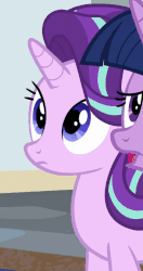 Size: 357x676 | Tagged: safe, screencap, starlight glimmer, twilight sparkle, alicorn, pony, unicorn, g4, school daze, animated, blinking, female, frown, gif, looking back, looking up, mare, open mouth, solo focus, talking, twilight sparkle (alicorn), wide eyes, worried