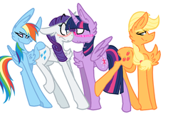 Size: 811x542 | Tagged: safe, artist:jadebloodnight, applejack, rainbow dash, rarity, twilight sparkle, alicorn, pony, g4, applejack the shipper, female, lesbian, rainbow the shipper, ship:rarilight, shipper on deck, shipping, simple background, twilight sparkle (alicorn), white background