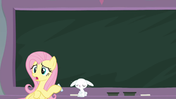 Size: 1600x900 | Tagged: safe, edit, edited screencap, screencap, angel bunny, fluttershy, pegasus, pony, rabbit, g4, school daze, chalk, chalkboard, dexterous hooves, duo, flutter art, insert picture here, meme, template