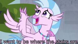 Size: 1280x720 | Tagged: safe, edit, edited screencap, screencap, silverstream, classical hippogriff, hippogriff, g4, school daze, female, image macro, jewelry, meme, necklace, part of your world, raised claw, solo, that hippogriff sure does love stairs, the little mermaid