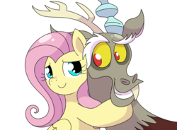 Size: 680x500 | Tagged: safe, artist:jgu112, discord, fluttershy, draconequus, pegasus, pony, g4, bust, duo, female, folded wings, hug, looking at each other, looking sideways, mare, simple background, smiling, transparent background