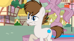 Size: 2200x1236 | Tagged: safe, alternate version, artist:rsa.fim, edit, edited screencap, part of a set, screencap, oc, oc only, oc:crash bash, earth pony, pony, male, ponyville, raised hoof, scar, solo