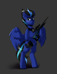 Size: 1000x1300 | Tagged: safe, artist:serodart, oc, oc only, oc:zedik, pegasus, pony, awp, bipedal, gun, jewelry, male, solo, weapon