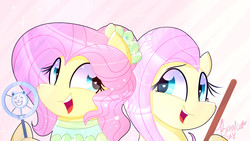 Size: 1920x1080 | Tagged: safe, artist:lynchristina, fluttershy, pegasus, pony, equestria girls, g4, my little pony equestria girls: better together, so much more to me, bust, cute, duality, equestria girls ponified, female, human pony fluttershy, looking at each other, looking sideways, mare, ponified, portrait, shyabetes, singing, smiling