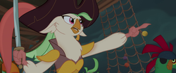 Size: 1920x804 | Tagged: safe, screencap, captain celaeno, lix spittle, mullet (g4), parrot, parrot pirates, anthro, g4, my little pony: the movie, airship, feather, hat, parrot hat, pirate, pirate hat, pirate ship, pointing, saber, sword, weapon