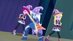 Size: 1920x1080 | Tagged: safe, screencap, fuchsia blush, lavender lace, trixie, equestria girls, g4, my little pony equestria girls: rainbow rocks, clothes, female, guitar, hat, musical instrument, smiling, smirk, trio, trio female, trixie and the illusions, trixie's hat, under our spell