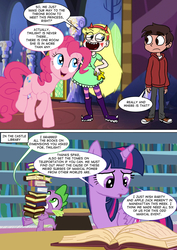 Size: 800x1133 | Tagged: safe, artist:imbriaart, pinkie pie, spike, twilight sparkle, alicorn, dragon, earth pony, human, pony, comic:magic princess war, g4, 2 panel comic, book, bookshelf, clothes, comic, crossover, marco diaz, star butterfly, star vs the forces of evil, twilight sparkle (alicorn)