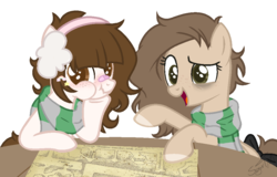 Size: 1000x638 | Tagged: safe, artist:sugartm, oc, oc only, oc:helena, oc:mei dreamer, earth pony, pony, bandaid, bandaid on nose, clothes, earmuffs, female, harry potter (series), marauder's map, mare, scarf, scrunchy face, simple background, slytherin, transparent background