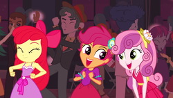 Size: 1539x866 | Tagged: safe, screencap, apple bloom, curly winds, mystery mint, rose heart, scootaloo, scott green, scribble dee, some blue guy, sweet leaf, sweetie belle, teddy t. touchdown, equestria girls, g4, my little pony equestria girls, adorabloom, apple bloom's bow, bow, canterlot high, cute, cutealoo, cutie mark crusaders, dancing, diasweetes, fall formal, fall formal outfits, hair bow, this is our big night