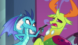 Size: 500x287 | Tagged: safe, edit, edited screencap, screencap, princess ember, thorax, changedling, changeling, dragon, g4, school daze, but we're friends, delet this, gun, king thorax, threatening, weapon