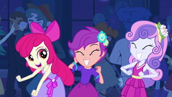 Size: 1539x866 | Tagged: safe, screencap, apple bloom, scootaloo, sweetie belle, equestria girls, g4, my little pony equestria girls, adorabloom, apple bloom's bow, background human, bow, canterlot high, cute, cutealoo, cutie mark crusaders, dancing, diasweetes, fall formal, fall formal outfits, female, hair bow, party, this is our big night, trio, trio female