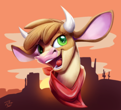 Size: 900x822 | Tagged: safe, artist:tsitra360, arizona (tfh), cow, them's fightin' herds, bust, cloud, community related, female, open mouth, signature, sky, solo, sun, sunset