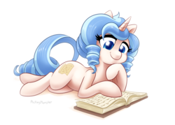 Size: 4071x2915 | Tagged: safe, artist:mickeymonster, oc, oc only, oc:opuscule antiquity, pony, unicorn, book, female, lidded eyes, mare, reading, simple background, smiling, solo, white background