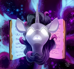 Size: 900x830 | Tagged: safe, artist:tsitra360, fhtng th§ ¿nsp§kbl, oleander (tfh), classical unicorn, pony, unicorn, them's fightin' herds, book, cloven hooves, community related, female, fred, glowing eyes, glowing throat, horn, leonine tail, magic, open mouth, possessed, solo, unshorn fetlocks, uvula