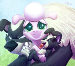 Size: 900x791 | Tagged: safe, artist:tsitra360, pom (tfh), dog, sheep, them's fightin' herds, cloven hooves, community related, female, fluffy, holding a dog, looking at you, puppy, smiling