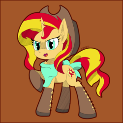 Size: 1650x1650 | Tagged: safe, artist:countryroads, sunset shimmer, pony, unicorn, g4, bandana, bow, cowboy hat, female, hat, mare, raised hoof, simple background, solo, tail bow