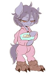 Size: 699x1000 | Tagged: safe, artist:grimbloody, oc, oc only, earth pony, semi-anthro, animal slippers, bipedal, cereal, clothes, cute, female, food, freckles, mare, mole, pajamas, simple background, slippers, solo, white background