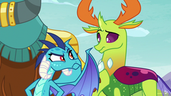 Size: 1280x720 | Tagged: safe, screencap, prince rutherford, princess ember, thorax, changedling, changeling, dragon, g4, school daze, confused, king thorax, raised eyebrow