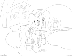 Size: 1300x1005 | Tagged: safe, artist:countryroads, trixie, pony, unicorn, g4, boots, clothes, earmuffs, female, glowing horn, hoofprints, horn, levitation, lineart, magic, mare, monochrome, raised hoof, scarf, shoes, snow, solo, telekinesis, tree, winter
