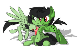 Size: 1294x801 | Tagged: safe, artist:countryroads, oc, oc:colt anon, oc:filly anon, earth pony, pegasus, pony, bandana, colt, female, filly, flying, happy, hug, male, simple background, sitting
