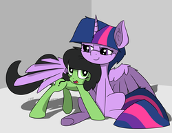 Size: 1553x1200 | Tagged: safe, artist:countryroads, twilight sparkle, oc, oc:filly anon, alicorn, pony, g4, female, filly, happy, hug, looking at each other, mama twilight, simple background, sitting, twilight sparkle (alicorn), winghug