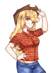 Size: 1024x1477 | Tagged: dead source, safe, artist:chloeprice228, applejack, human, g4, female, humanized, looking at you, midriff, simple background, solo, white background
