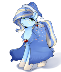Size: 1024x1219 | Tagged: safe, artist:chloeprice228, applejack, trixie, pony, unicorn, g4, cape, clothes, female, freckles, fusion, hat, looking at you, mare, nightcap, simple background, transparent background