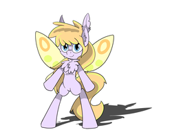 Size: 1294x1000 | Tagged: safe, artist:countryroads, oc, oc only, oc:frosty flicker, mothpony, original species, bipedal, chest fluff, looking at you, simple background, smiling, solo