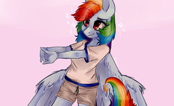Size: 1024x624 | Tagged: safe, artist:chloeprice228, rainbow dash, pegasus, anthro, g4, clothes, female, mare, simple background, solo, stretching