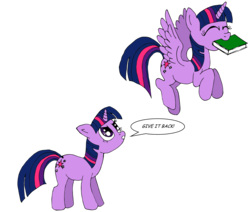 Size: 2677x2269 | Tagged: safe, artist:sparklesk, twilight sparkle, alicorn, pony, unicorn, g4, book, bookhorse, duality, flying, happy, high res, self paradox, self ponidox, simple background, time paradox, transparent background, twilight sparkle (alicorn), twolight, unicorn twilight