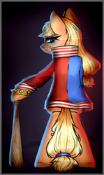 Size: 1024x1723 | Tagged: safe, artist:chloeprice228, applejack, earth pony, pony, g4, abstract background, baseball bat, bipedal, clothes, crossover, eyeshadow, female, harley quinn, looking at you, looking back, makeup, solo