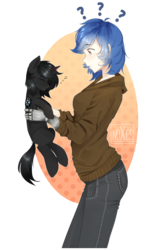 Size: 1024x1701 | Tagged: safe, artist:chloeprice228, oc, oc only, human, pony, confused, cute, duo, holding a pony, prosthetic limb, prosthetics, simple background, sleeping, transparent background, zzz